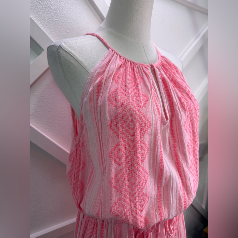 Velvet By Graham & Spencer Pink Embroidered Midi Dress Boho Halter Cotton Sz Lrg - Picture 6 of 14